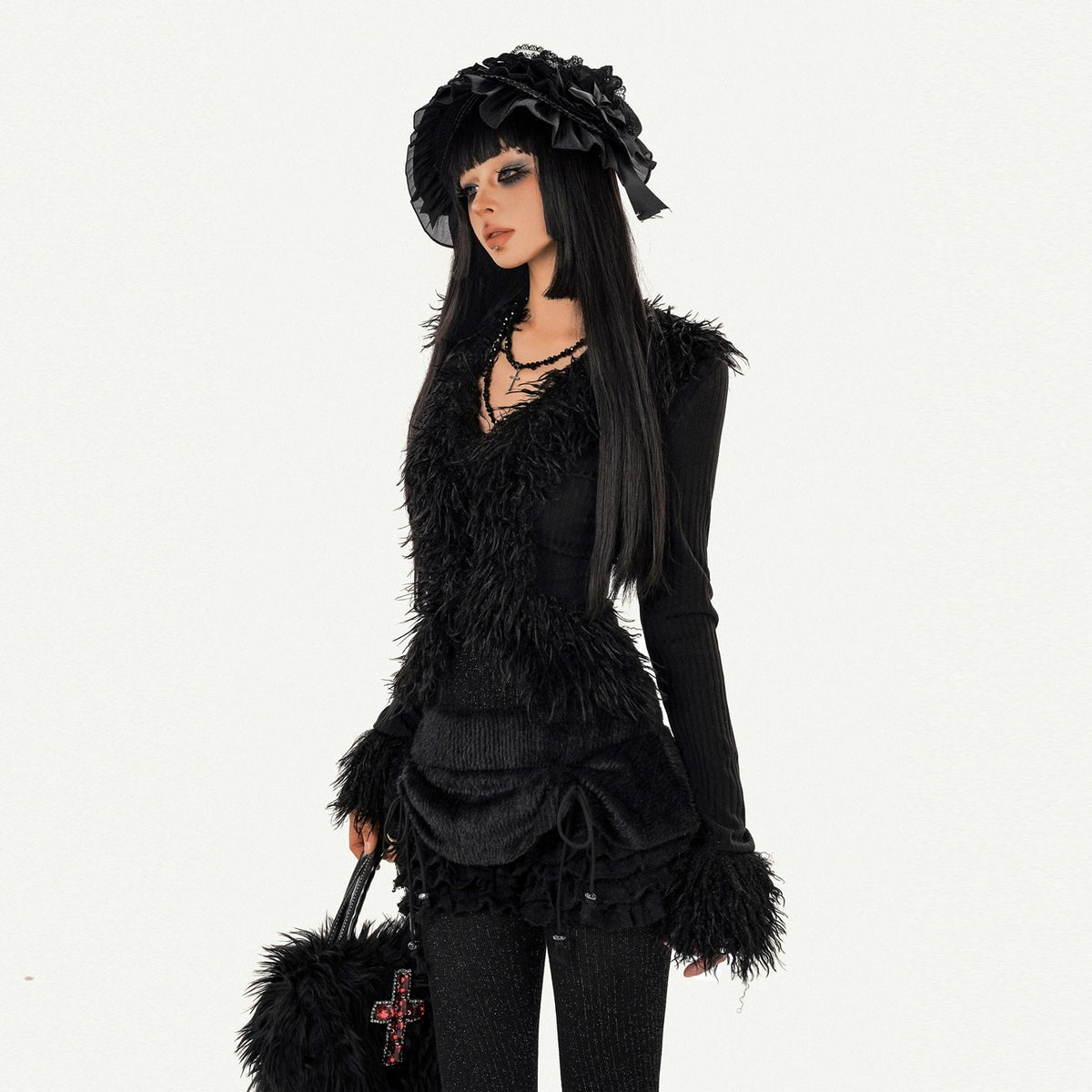 Nico_Molly_Black_Fuzzy_V-neck_Tie_Gothic_Women&