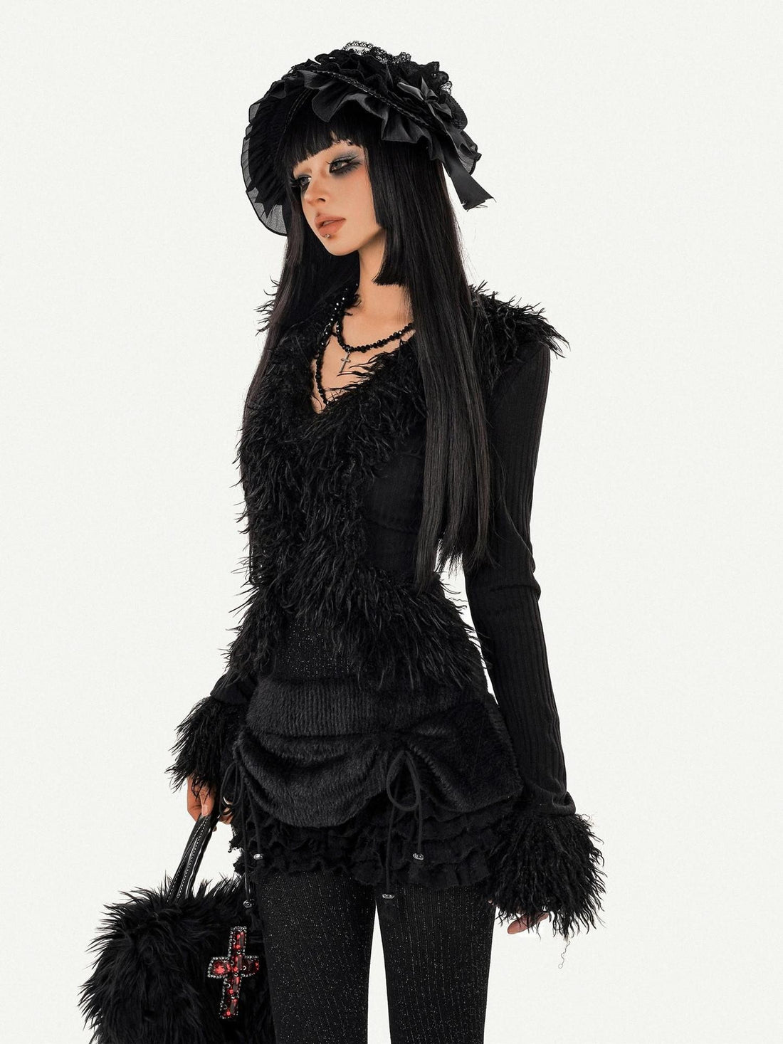 Nico Molly Black Fuzzy V-neck Tie Gothic Women&
