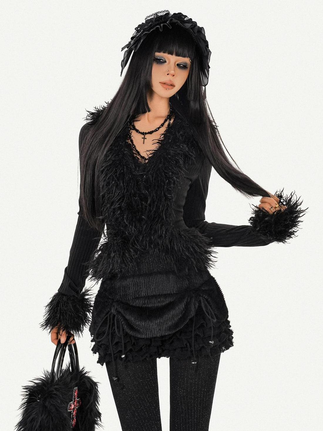 Nico Molly Black Fuzzy V-neck Tie Gothic Women&