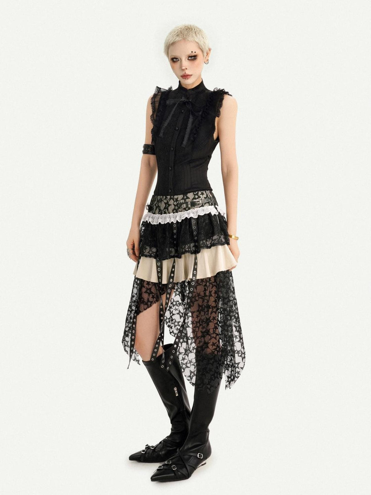 Nico Molly Black Gothic Lace Splice Bow Button Stand Collar Sleeveless Women&