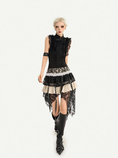 Nico Molly Black Gothic Lace Splice Bow Button Stand Collar Sleeveless Women&
