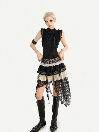 Nico Molly Black Gothic Lace Splice Bow Button Stand Collar Sleeveless Women&