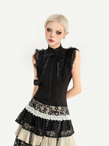 Nico Molly Black Gothic Lace Splice Bow Button Stand Collar Sleeveless Women&