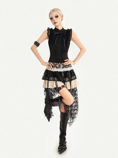Nico Molly Black Gothic Lace Splice Bow Button Stand Collar Sleeveless Women&