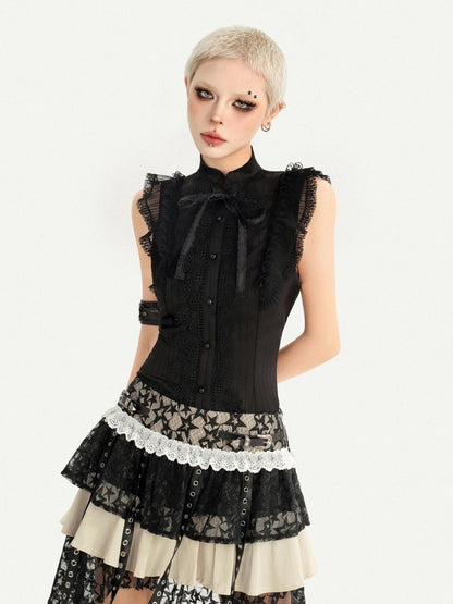 Nico Molly Black Gothic Lace Splice Bow Button Stand Collar Sleeveless Women&