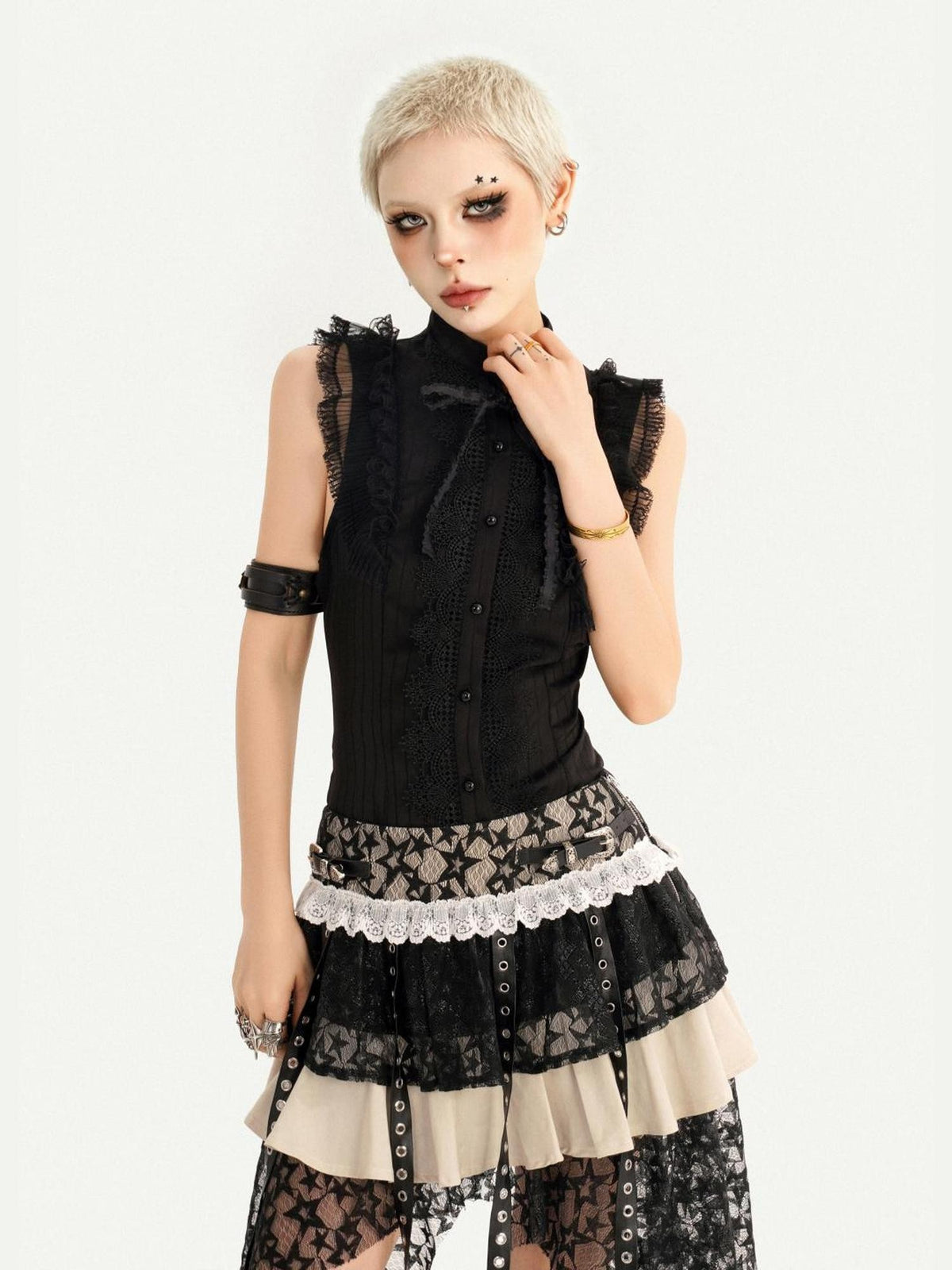 Nico Molly Black Gothic Lace Splice Bow Button Stand Collar Sleeveless Women&