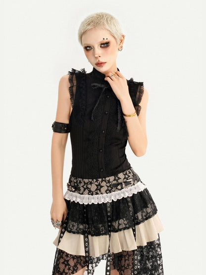 Nico Molly Black Gothic Lace Splice Bow Button Stand Collar Sleeveless Women&