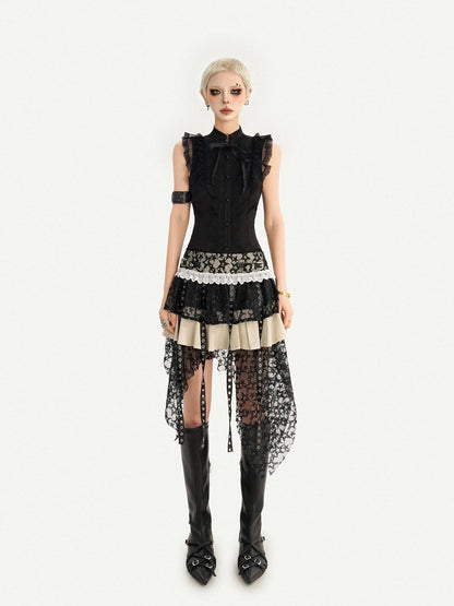 Nico Molly Black Gothic Lace Splice Bow Button Stand Collar Sleeveless Women&