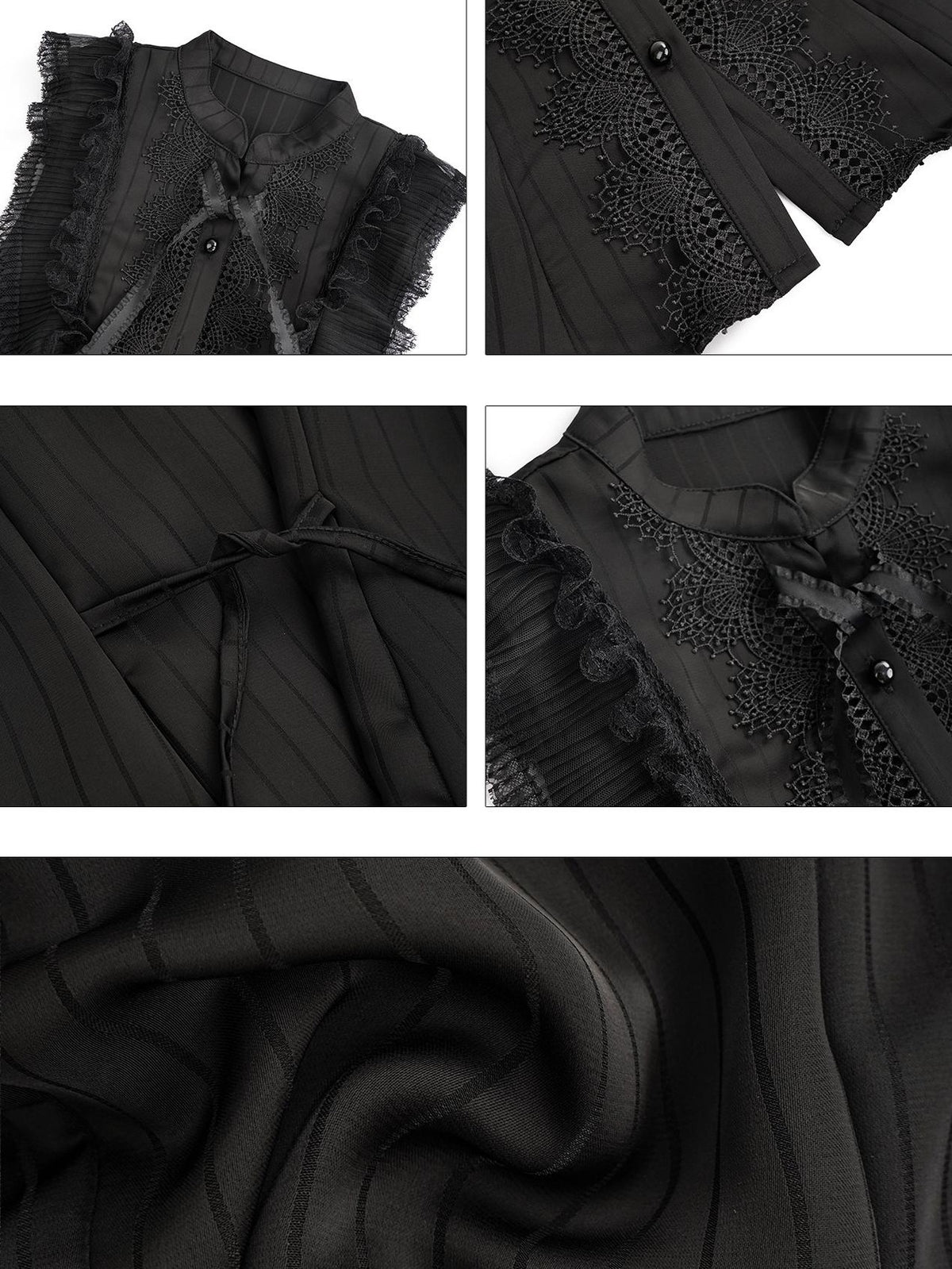 Nico Molly Black Gothic Lace Splice Bow Button Stand Collar Sleeveless Women&