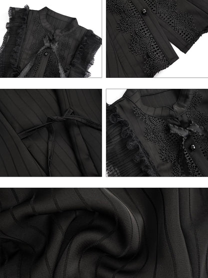 Nico Molly Black Gothic Lace Splice Bow Button Stand Collar Sleeveless Women&