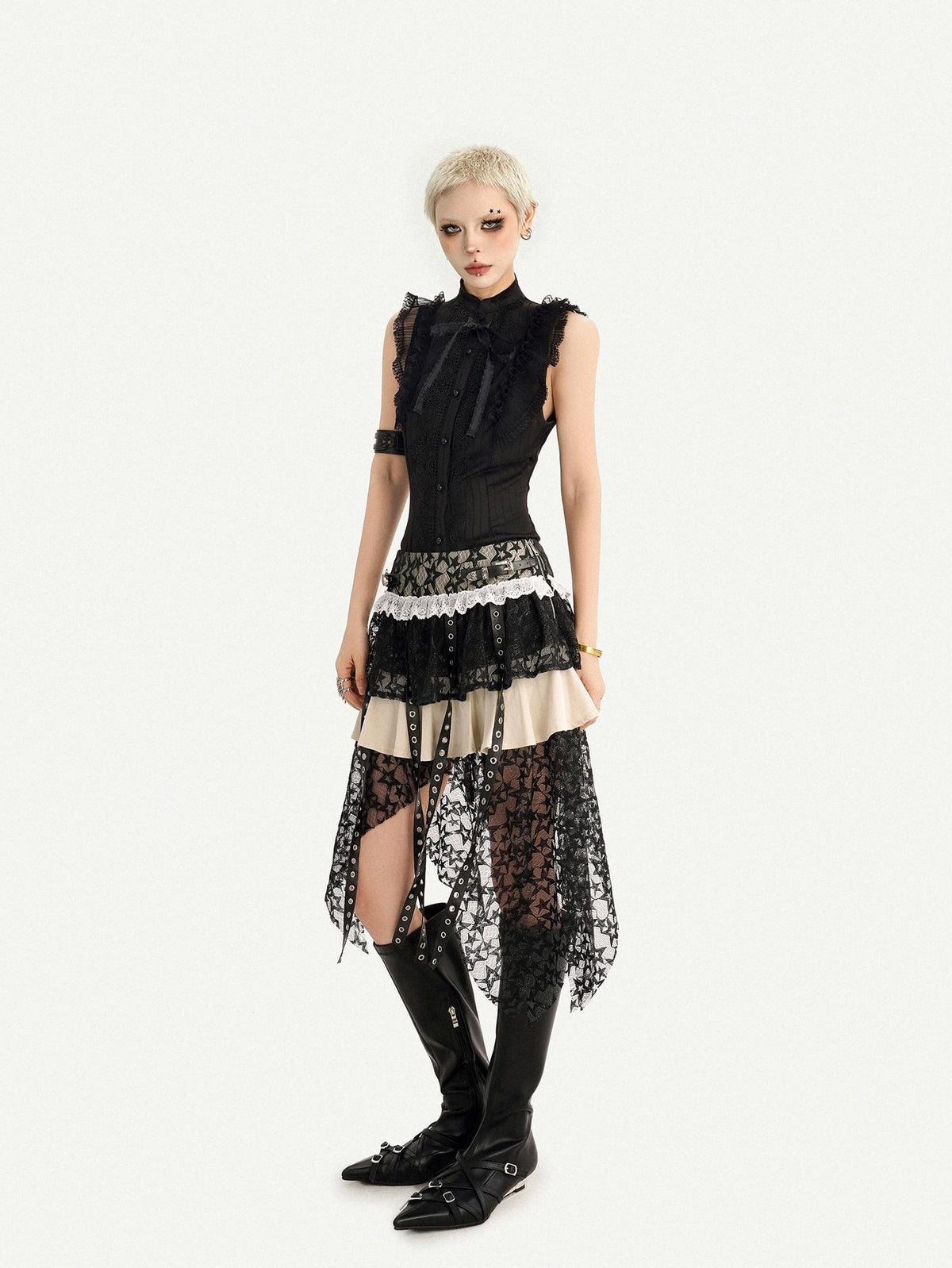 Nico Molly Black Gothic Lace Splice Bow Button Stand Collar Sleeveless Women&