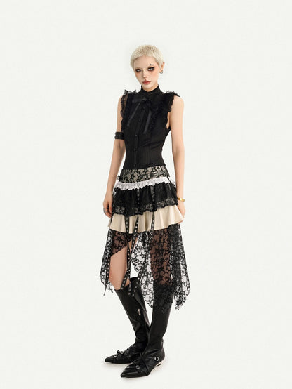 Nico Molly Black Gothic Lace Splice Bow Button Stand Collar Sleeveless Women&