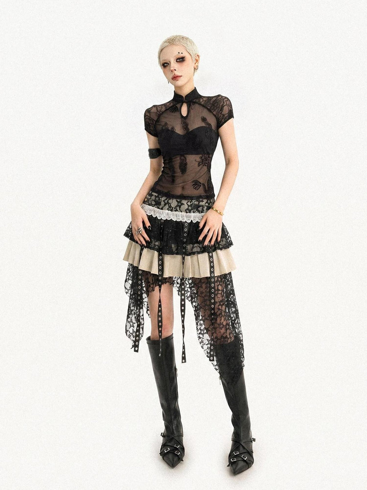 Nico Molly Black Gothic Lace Splice Stand Collar Women&