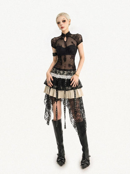 Nico Molly Black Gothic Lace Splice Stand Collar Women&