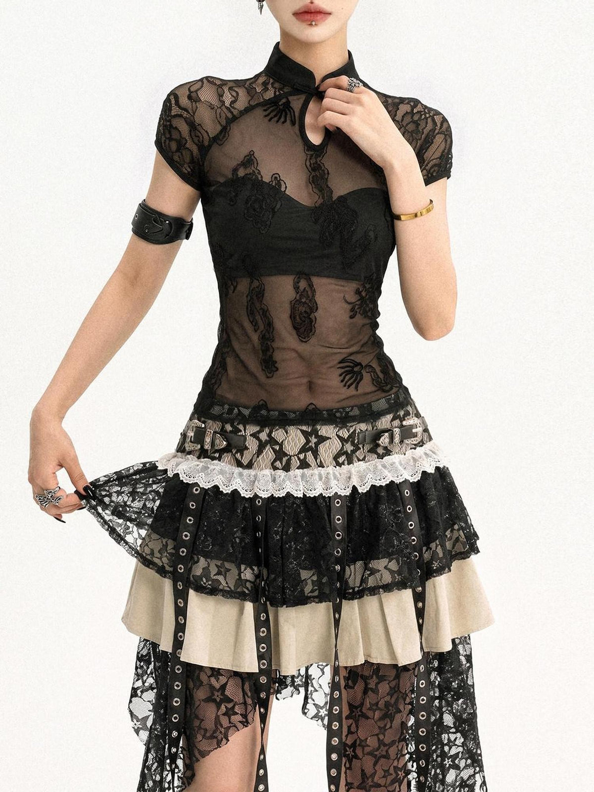 Nico Molly Black Gothic Lace Splice Stand Collar Women&