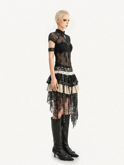 Nico Molly Black Gothic Lace Splice Stand Collar Women&