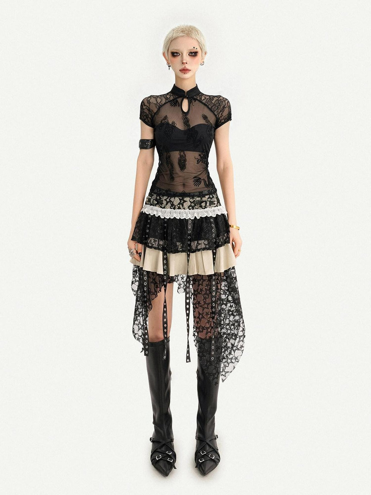 Nico Molly Black Gothic Lace Splice Stand Collar Women&