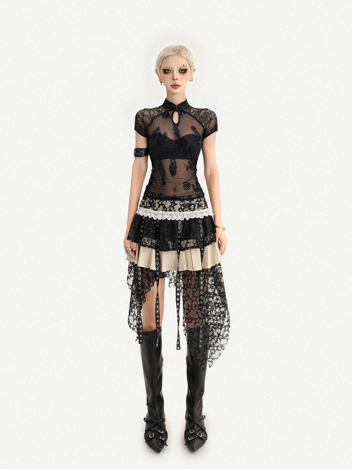 Nico Molly Black Gothic Lace Splice Stand Collar Women&