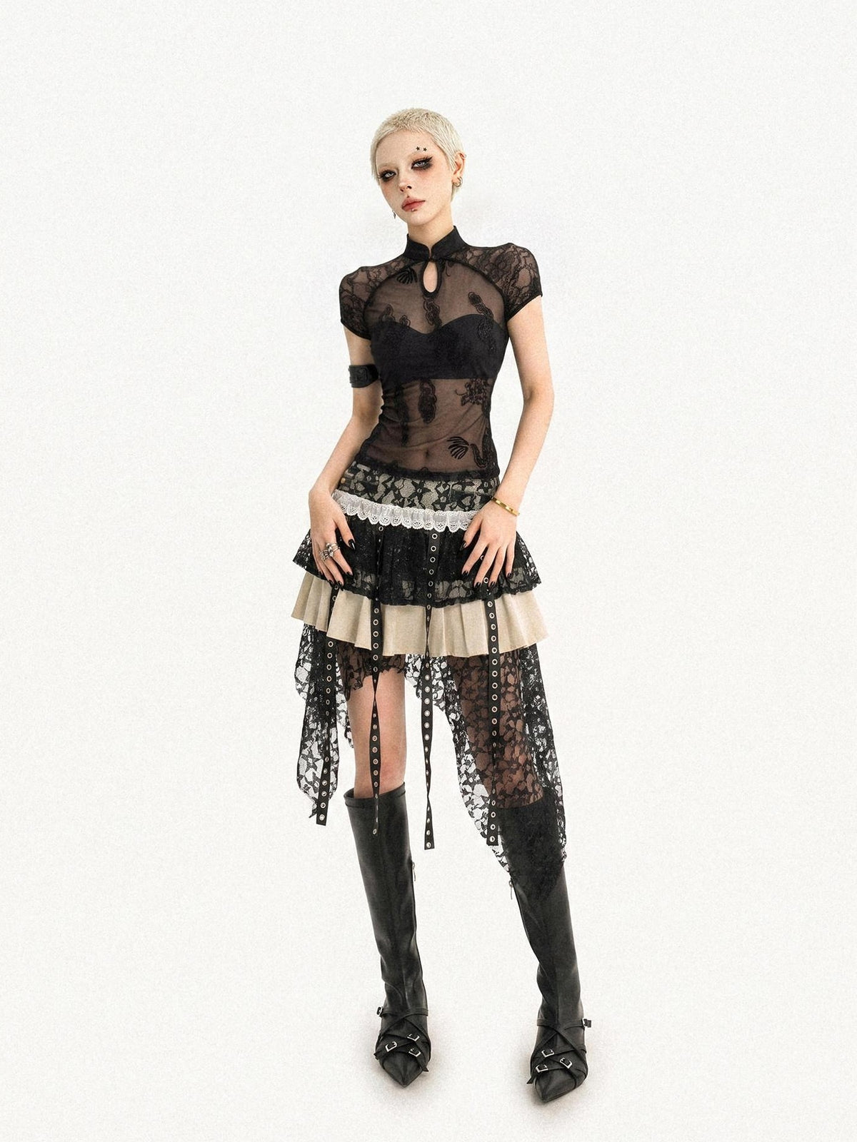 Nico Molly Black Gothic Lace Splice Stand Collar Women&