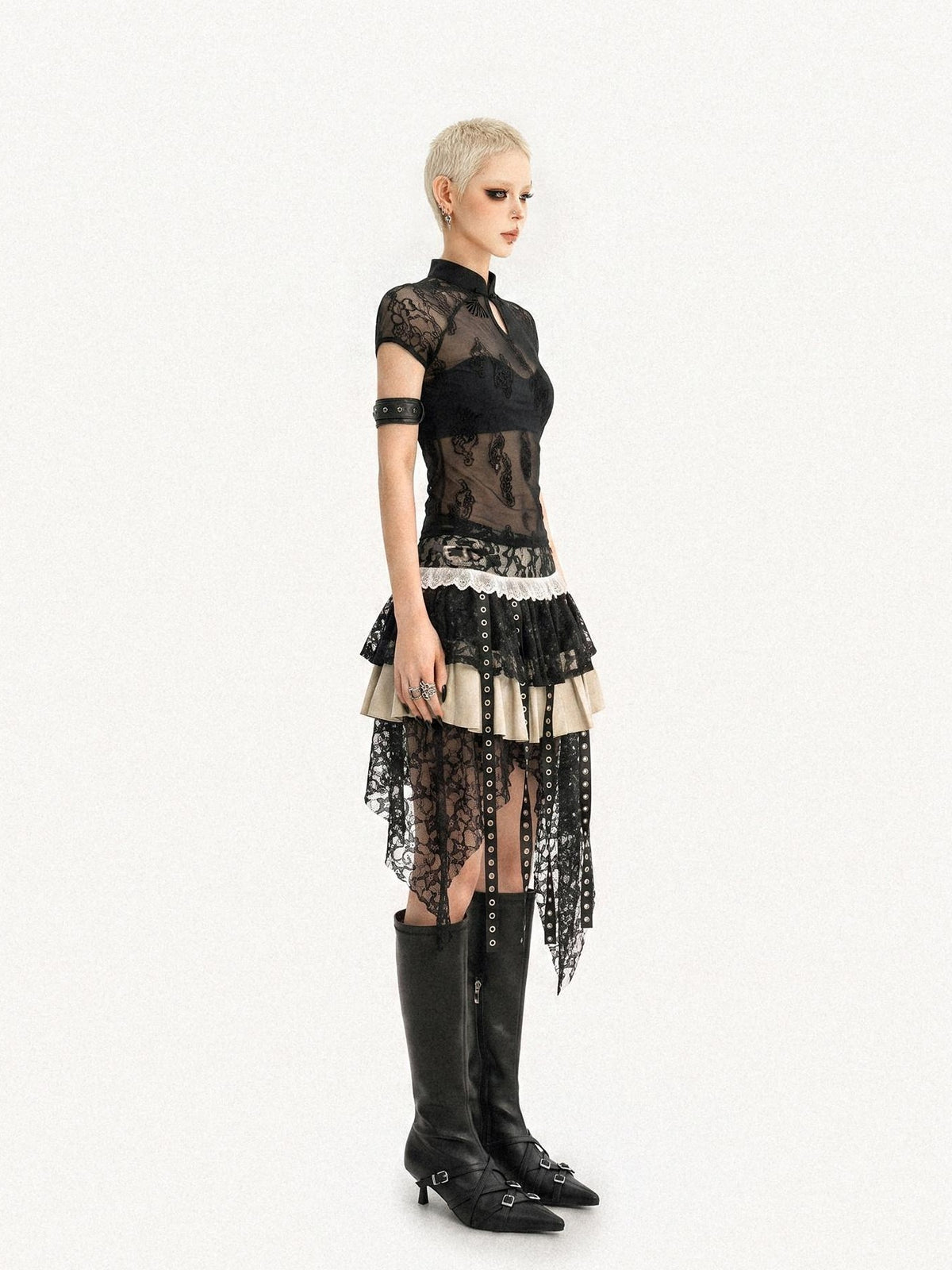 Nico Molly Black Gothic Lace Splice Stand Collar Women&