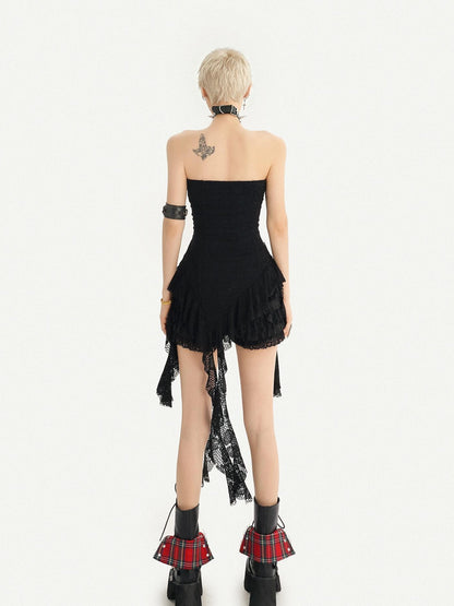Nico Molly Black Gothic Lace Strapless Waist Cinch Asymmetric Sash Women&