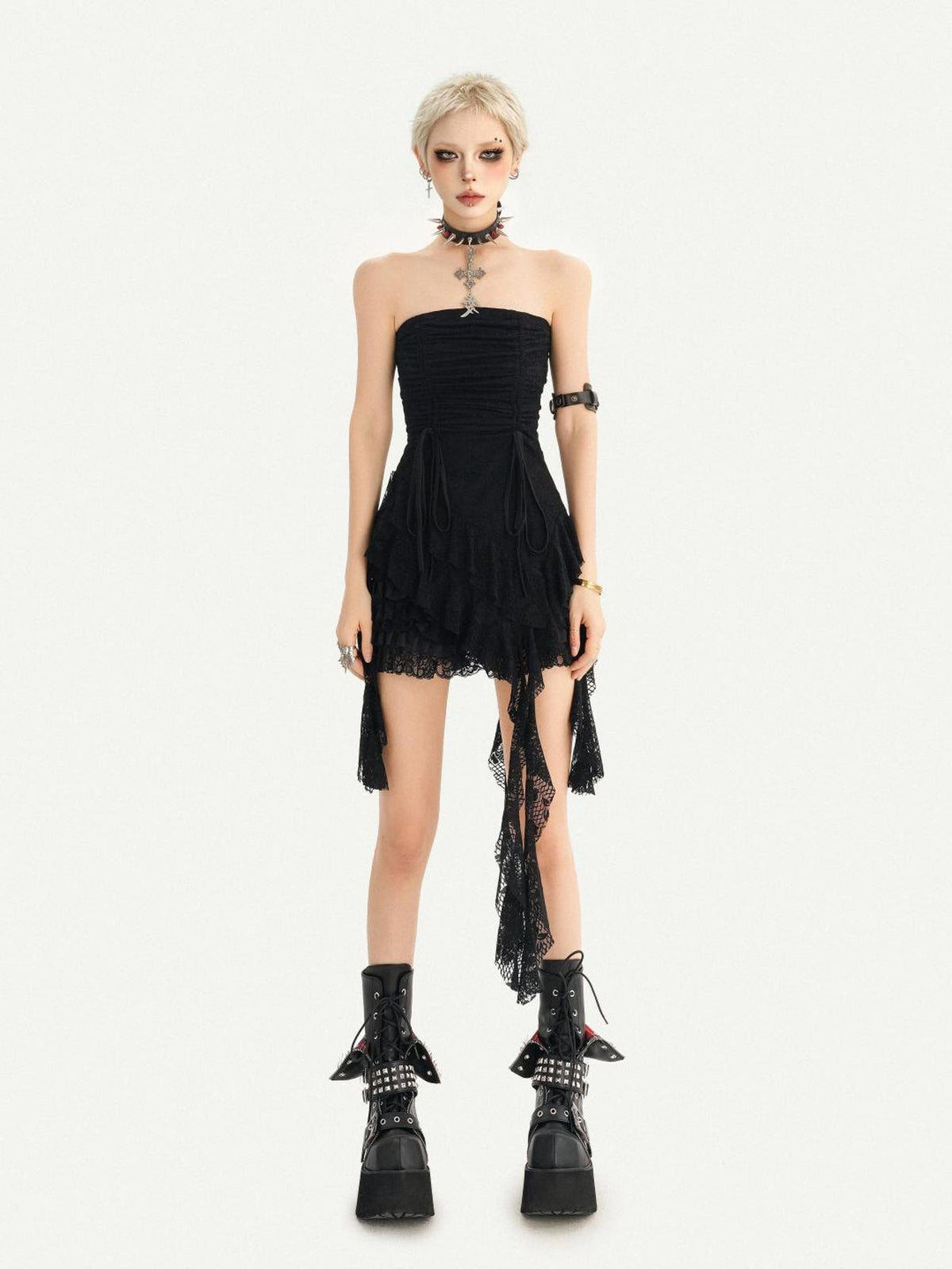 Nico Molly Black Gothic Lace Strapless Waist Cinch Asymmetric Sash Women&