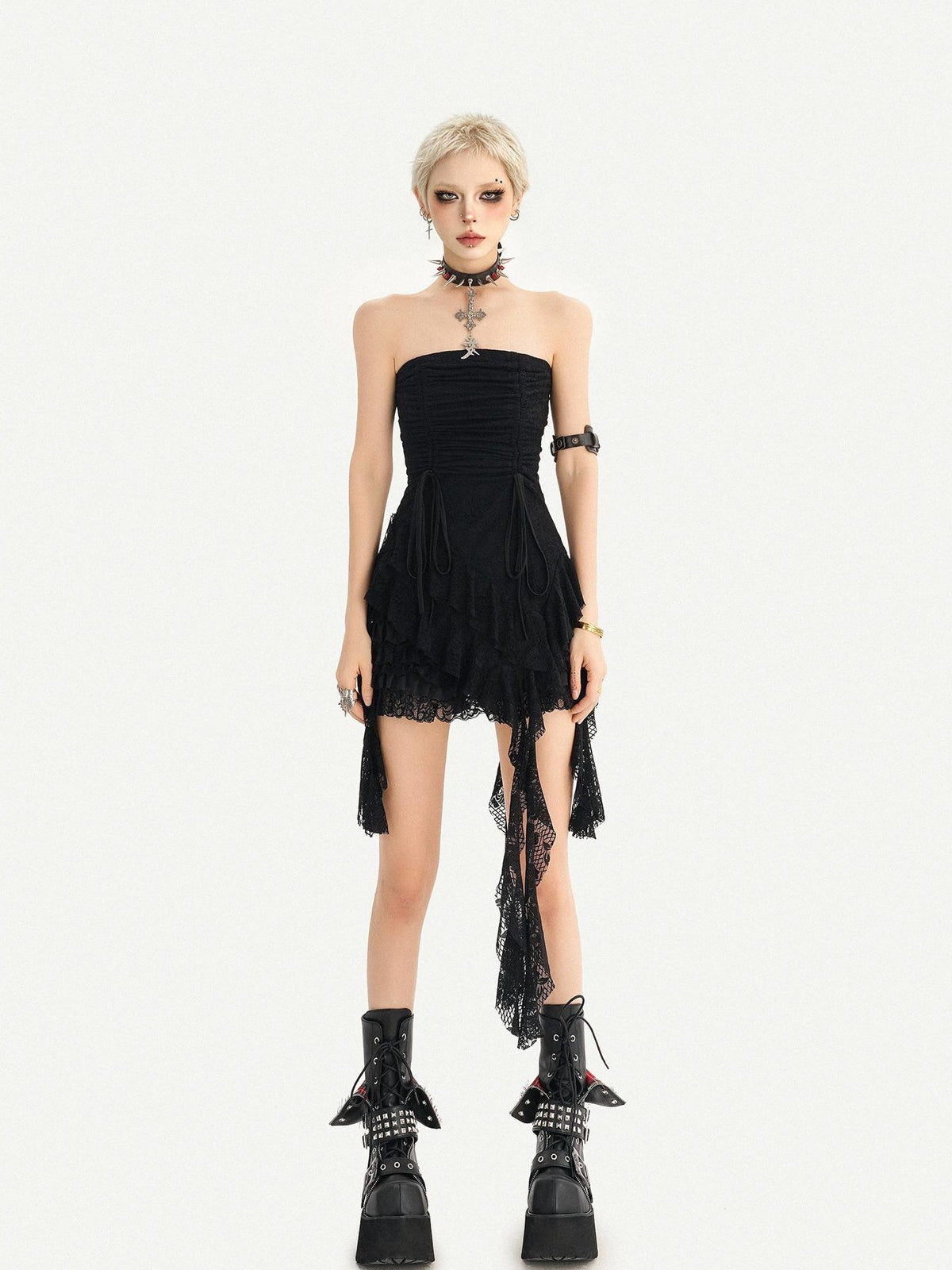 Nico Molly Black Gothic Lace Strapless Waist Cinch Asymmetric Sash Women&