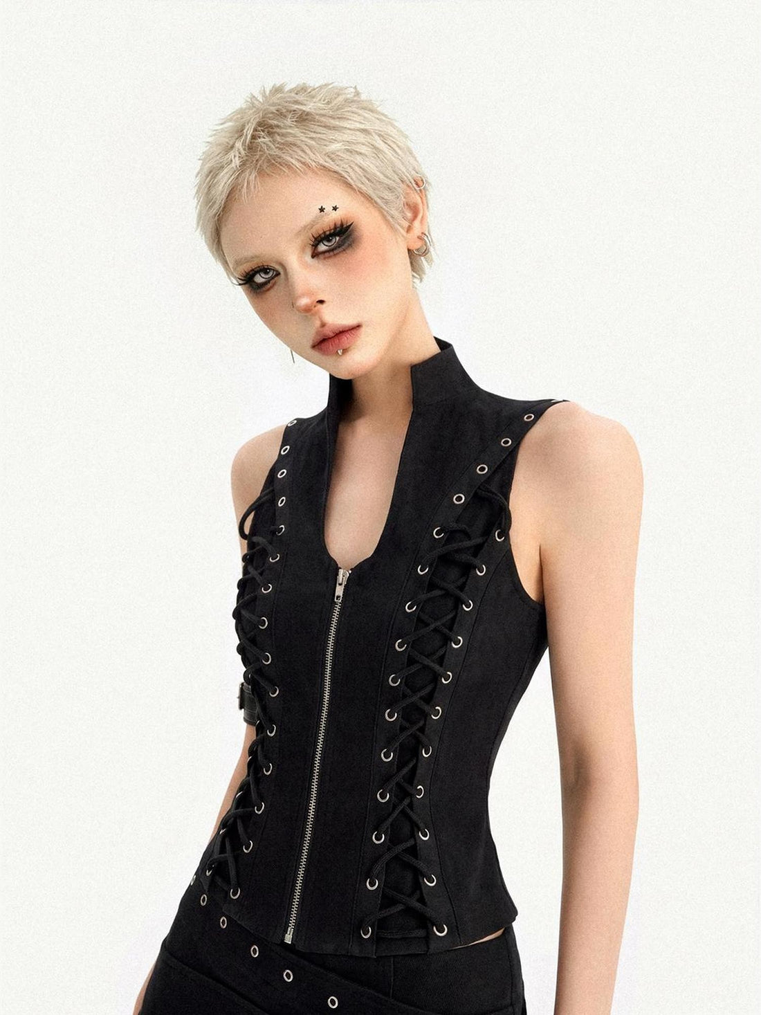 Nico Molly Black Gothic Lace Up Zipper Stand Collar Women&