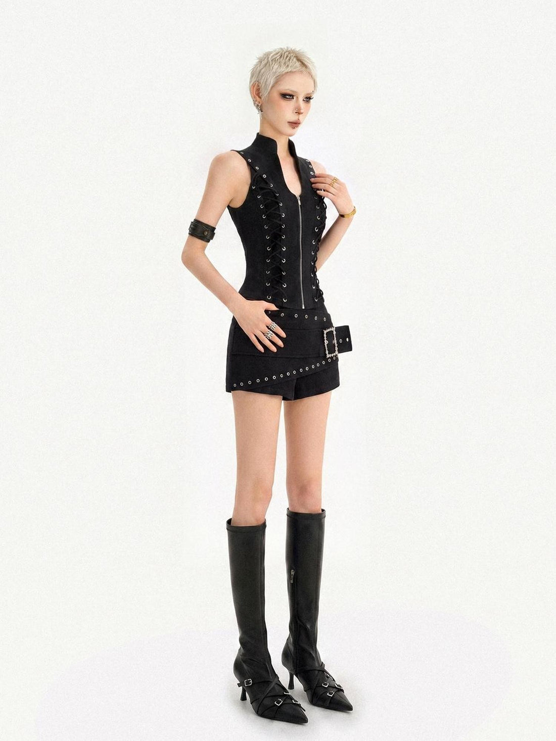 Nico Molly Black Gothic Lace Up Zipper Stand Collar Women&