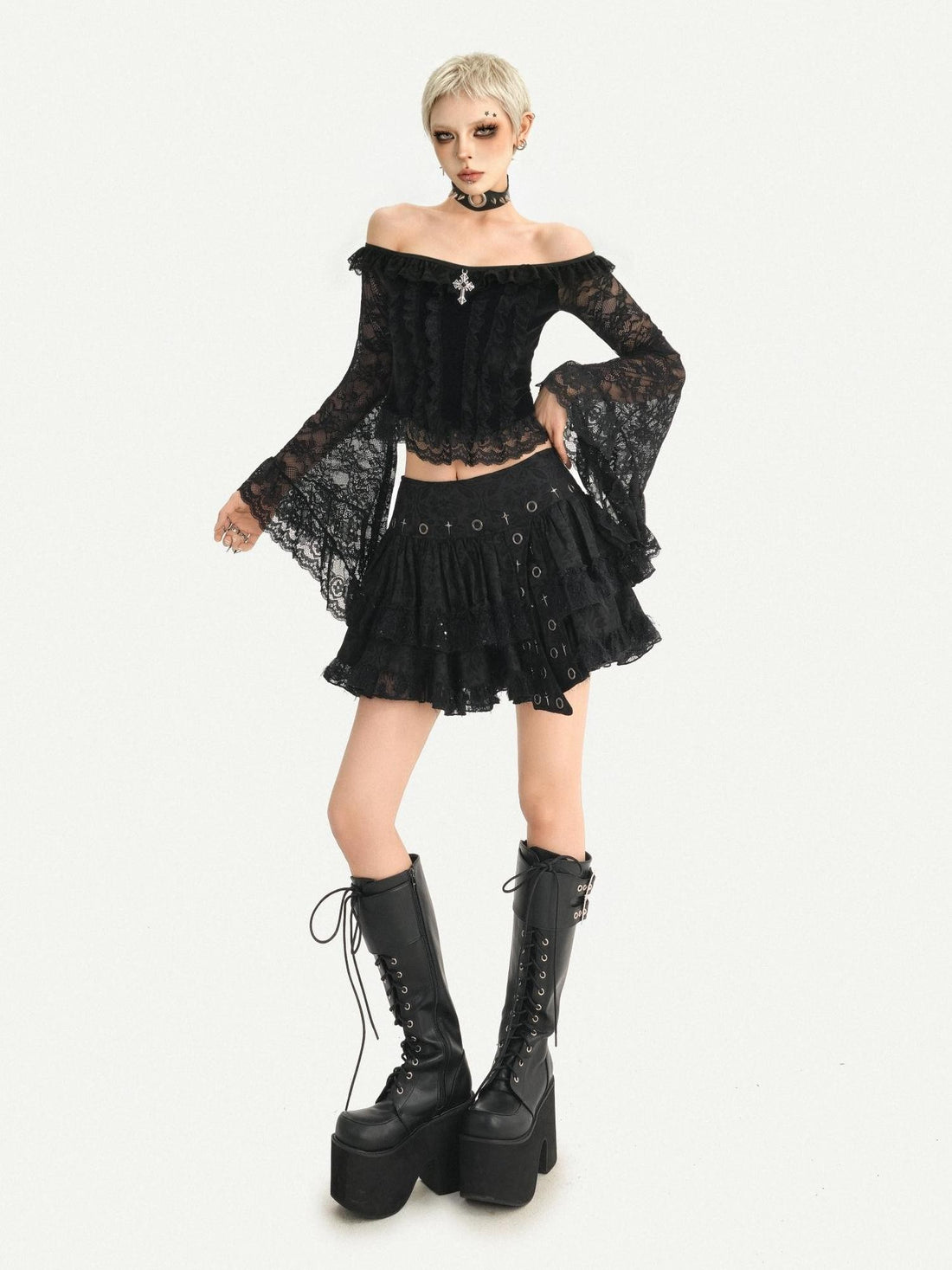 Nico Molly Black Gothic Off Shoulder Bell Sleeve Cinched Waist Women&