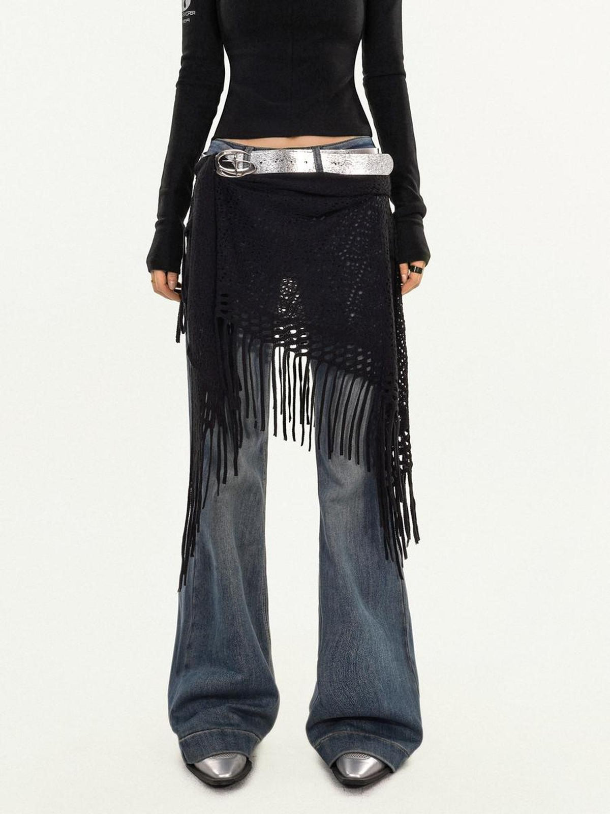Nico Molly Black Knitted Mesh Layered Cutout A Line High Waist Women&
