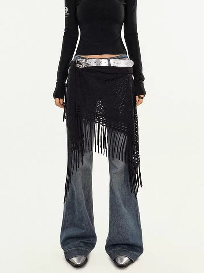 Nico Molly Black Knitted Mesh Layered Cutout A Line High Waist Women&
