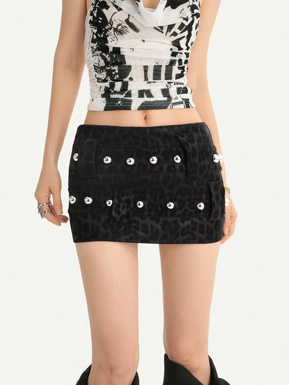 Nico Molly Black Leopard Print Studded Bodycon Low Waist Women&
