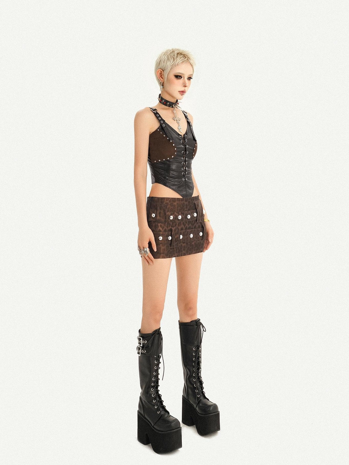 Nico Molly Black Leopard Print Studded Bodycon Low Waist Women&