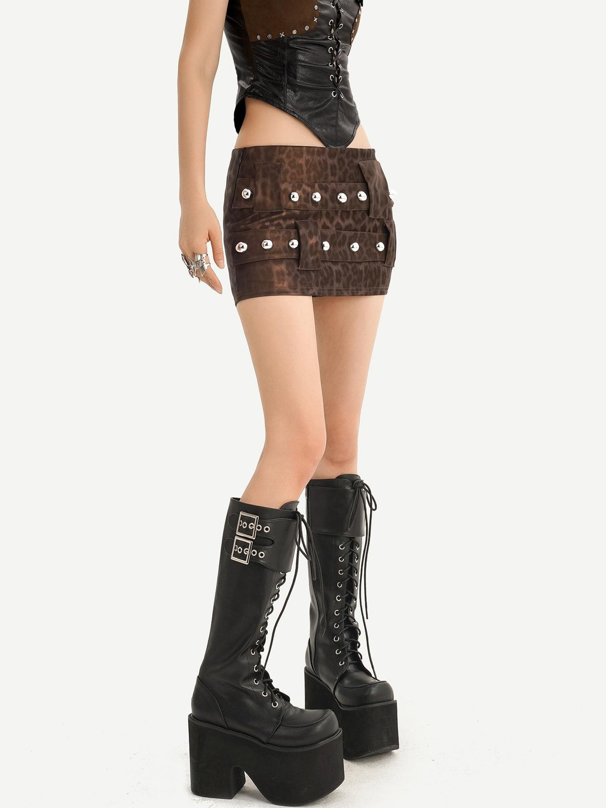 Nico Molly Black Leopard Print Studded Bodycon Low Waist Women&