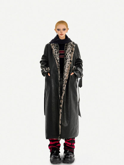 Nico Molly Black Leopard Print Tie Waist Fur Collar Women&