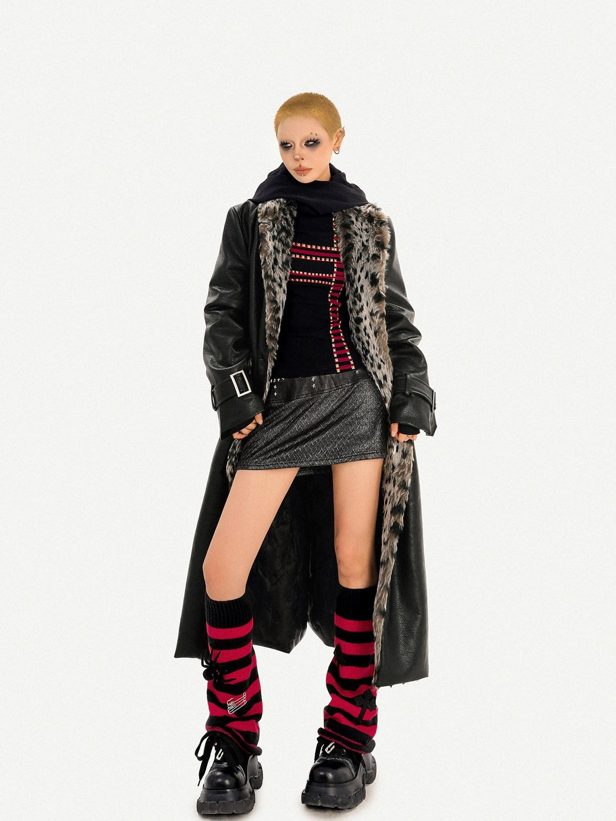 Nico Molly Black Leopard Print Tie Waist Fur Collar Women&