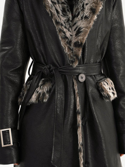 Nico Molly Black Leopard Print Tie Waist Fur Collar Women&