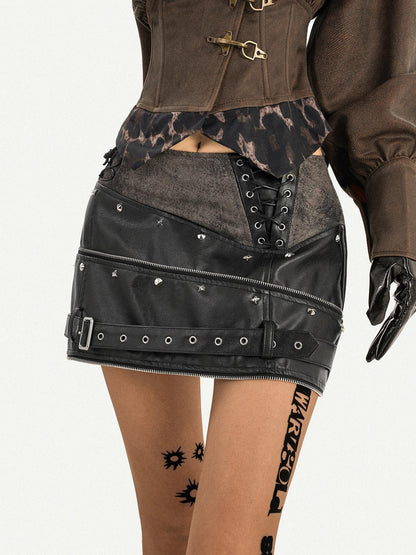 Nico Molly Black Mechanical Punk Metal Hardware High Waist A Line Women&