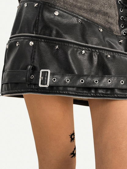 Nico Molly Black Mechanical Punk Metal Hardware High Waist A Line Women&
