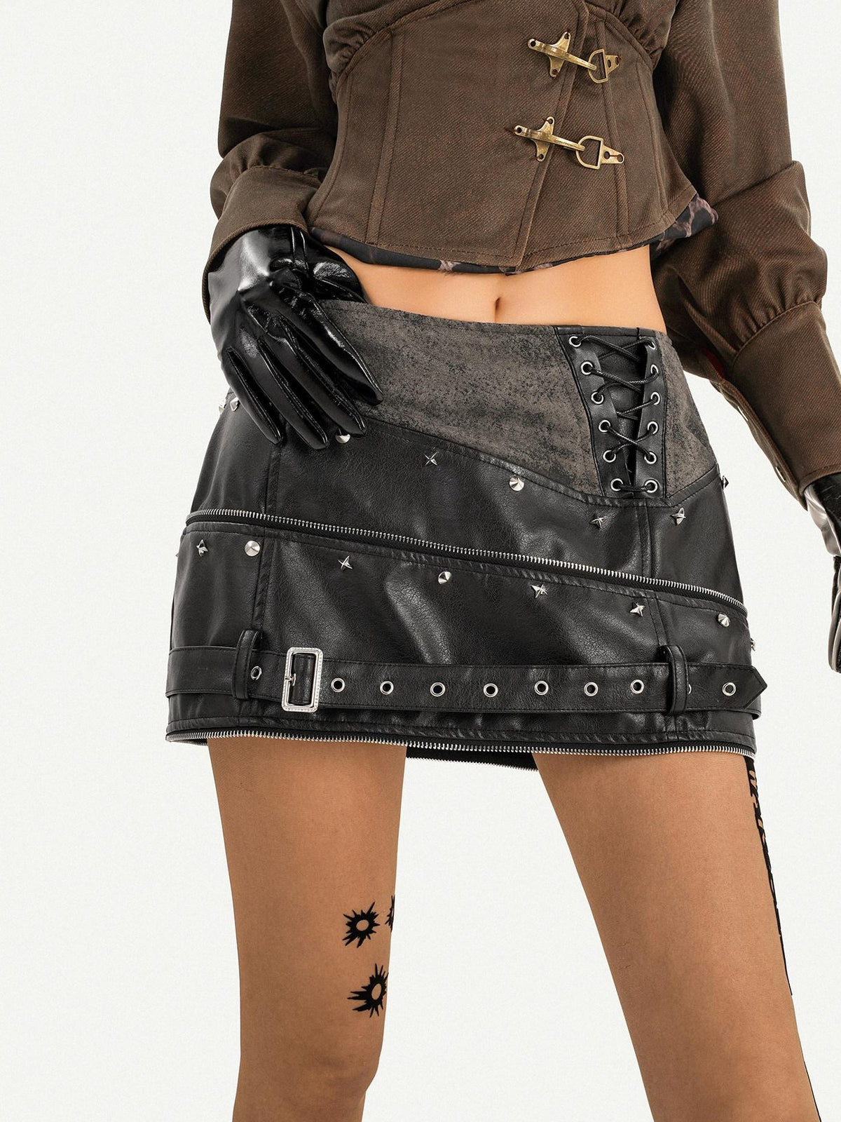 Nico Molly Black Mechanical Punk Metal Hardware High Waist A Line Women&