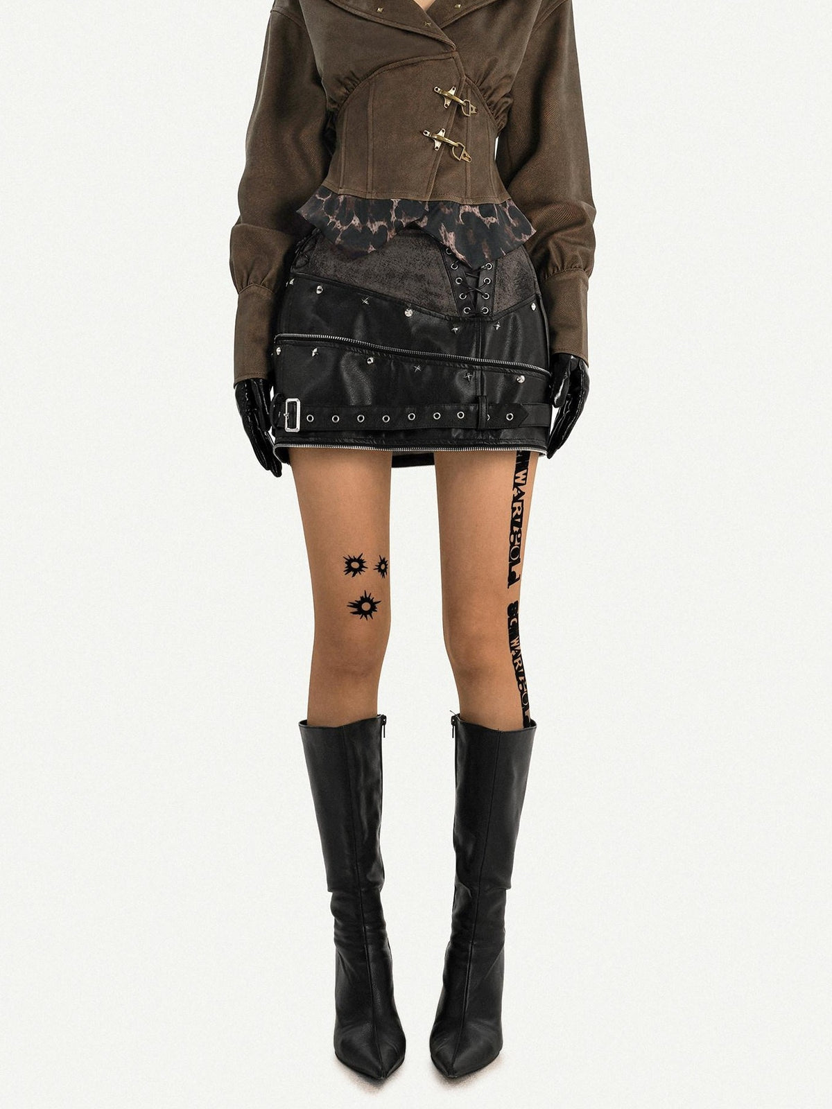 Nico Molly Black Mechanical Punk Metal Hardware High Waist A Line Women&
