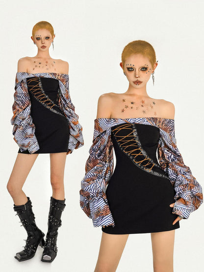 Nico Molly Black Patchwork Strappy One Shoulder Punk Women&