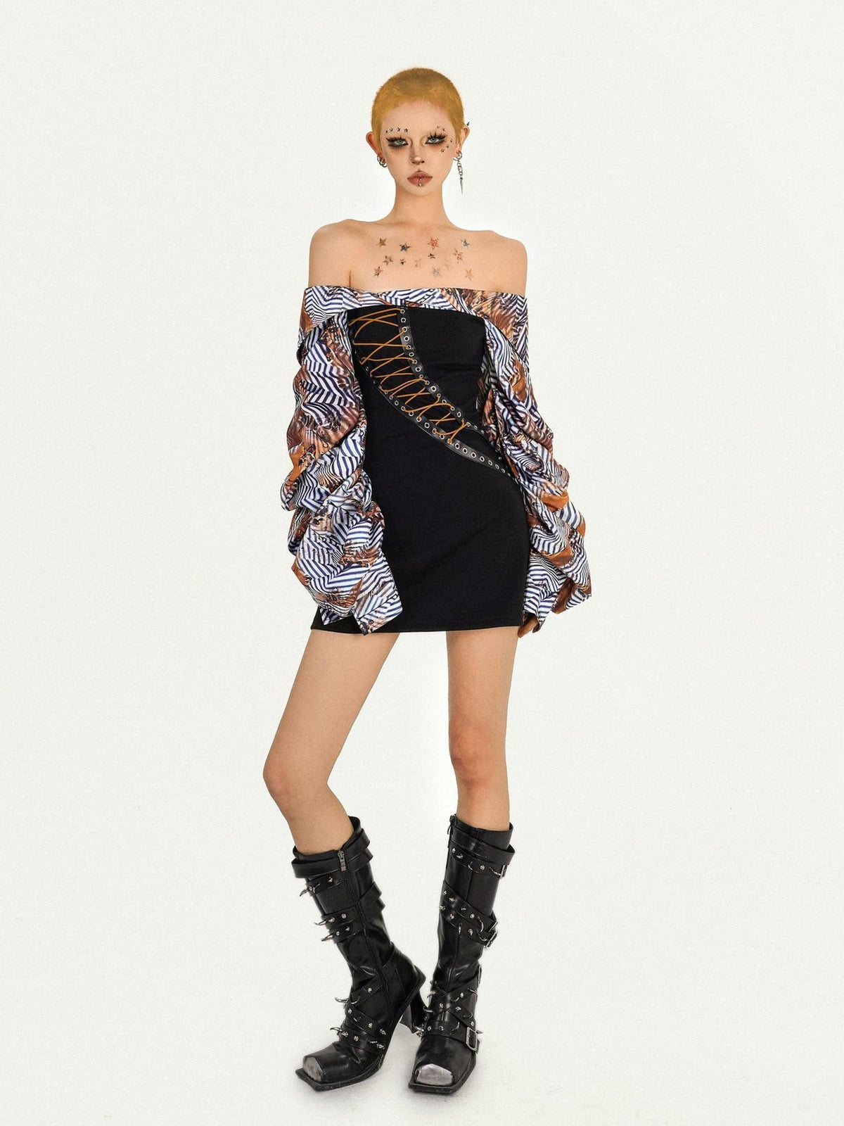 Nico Molly Black Patchwork Strappy One Shoulder Punk Women&