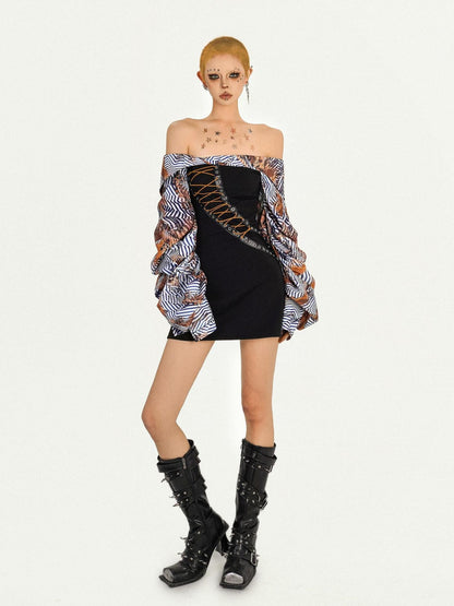 Nico Molly Black Patchwork Strappy One Shoulder Punk Women&