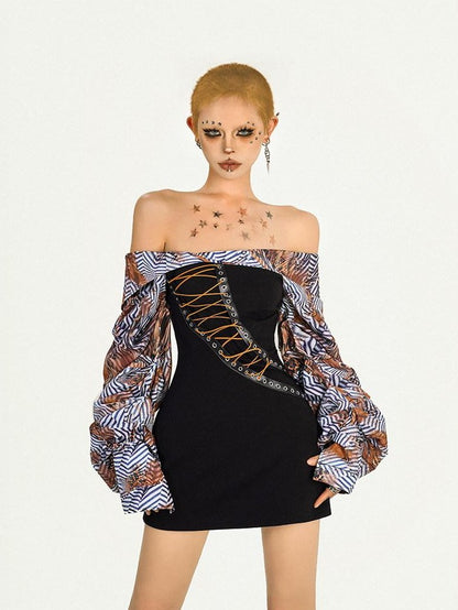 Nico Molly Black Patchwork Strappy One Shoulder Punk Women&