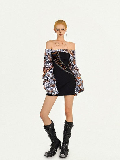 Nico Molly Black Patchwork Strappy One Shoulder Punk Women&