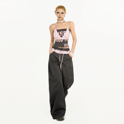 Nico_Molly_Black_Pink_Letter_Print_Halter_Two_Piece_Slim_Fit_Women&