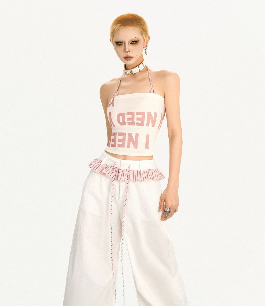 Nico_Molly_Black_Pink_Letter_Print_Halter_Two_Piece_Slim_Fit_Women&