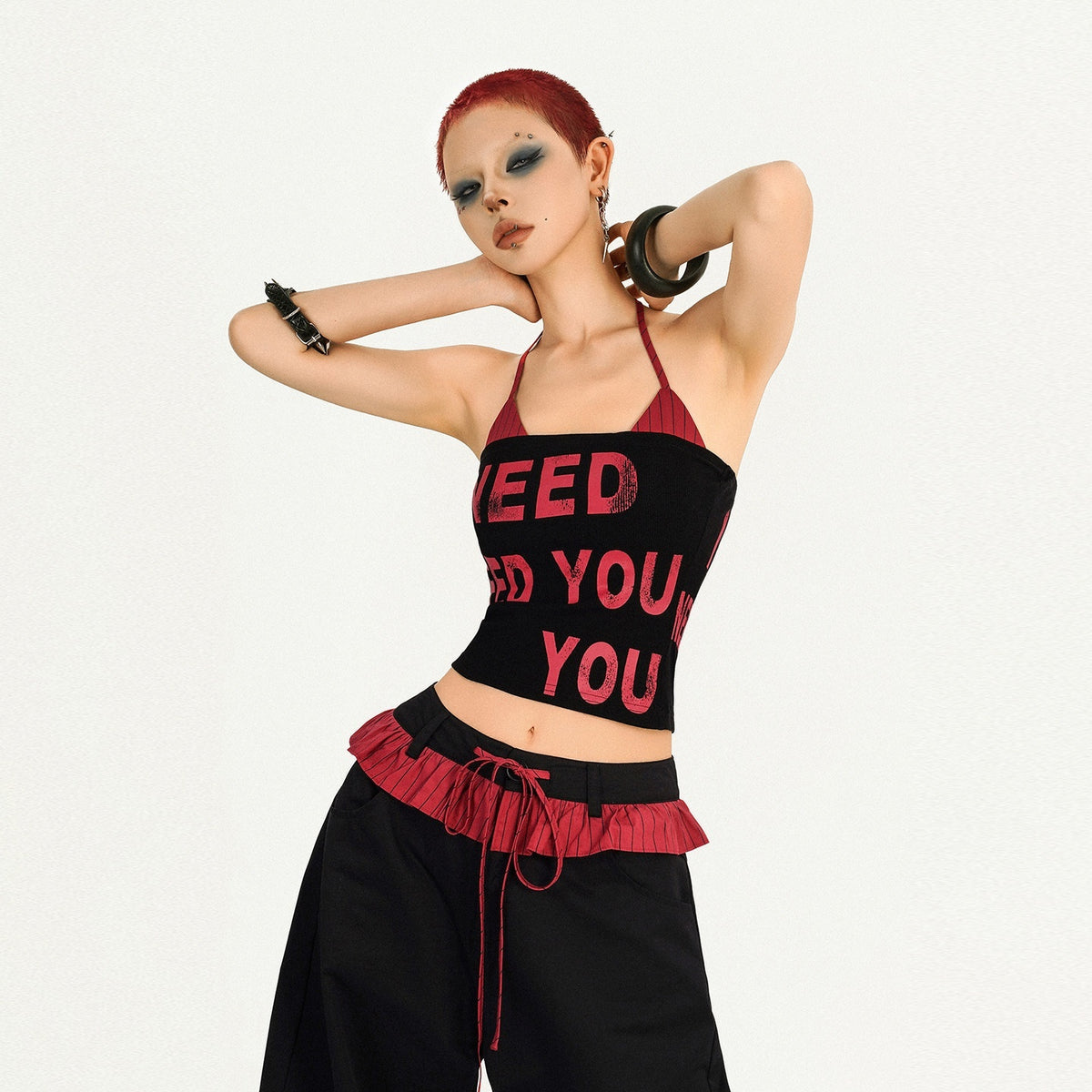 Nico_Molly_Black_Pink_Letter_Print_Halter_Two_Piece_Slim_Fit_Women&